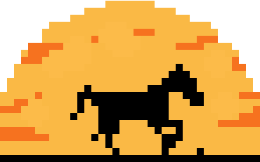 Pixel horse running in front of a western sun